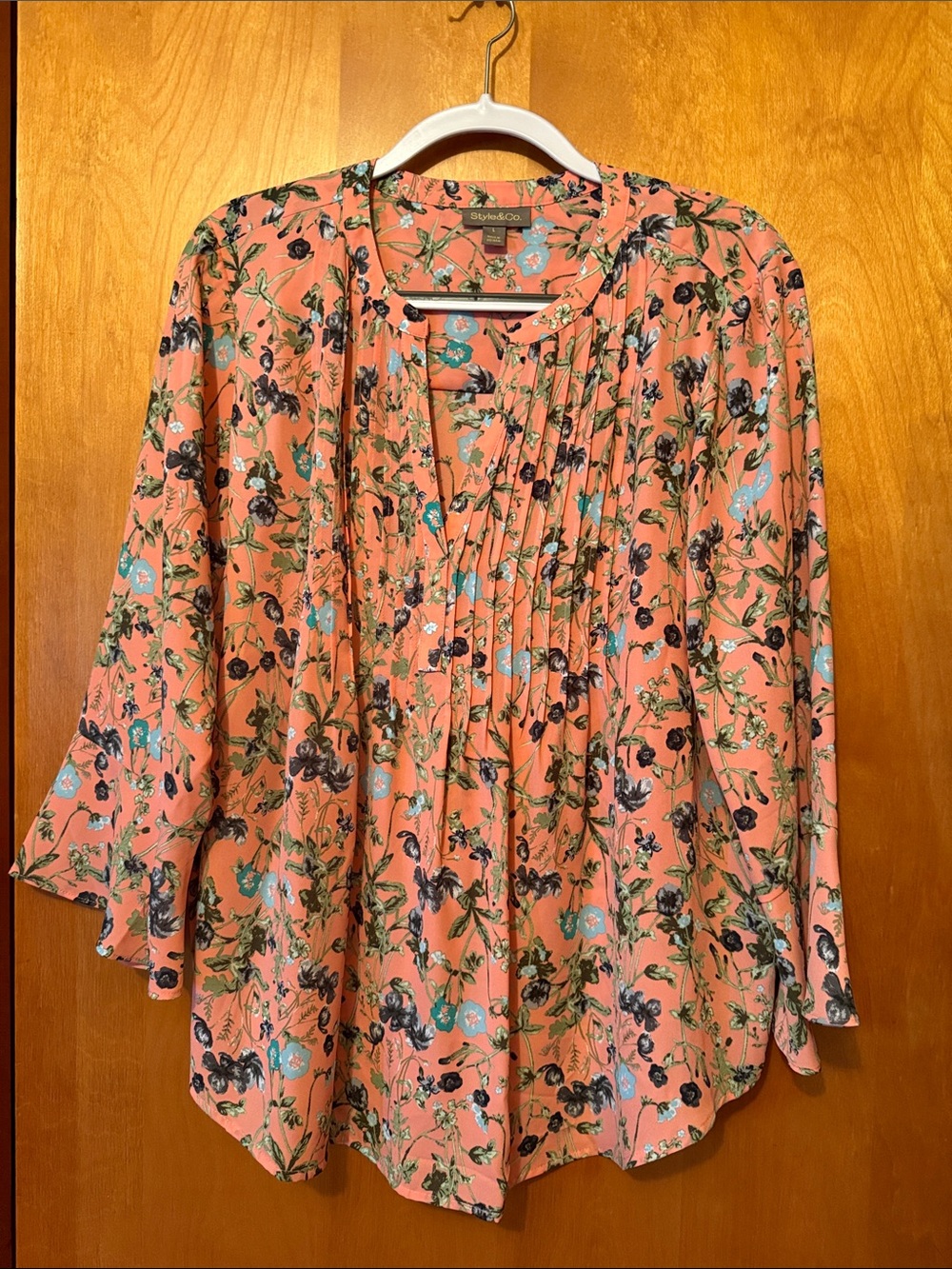 Macy’s Style & Co. Coral Floral Pleated V-Neck Blouse with Blue Accents